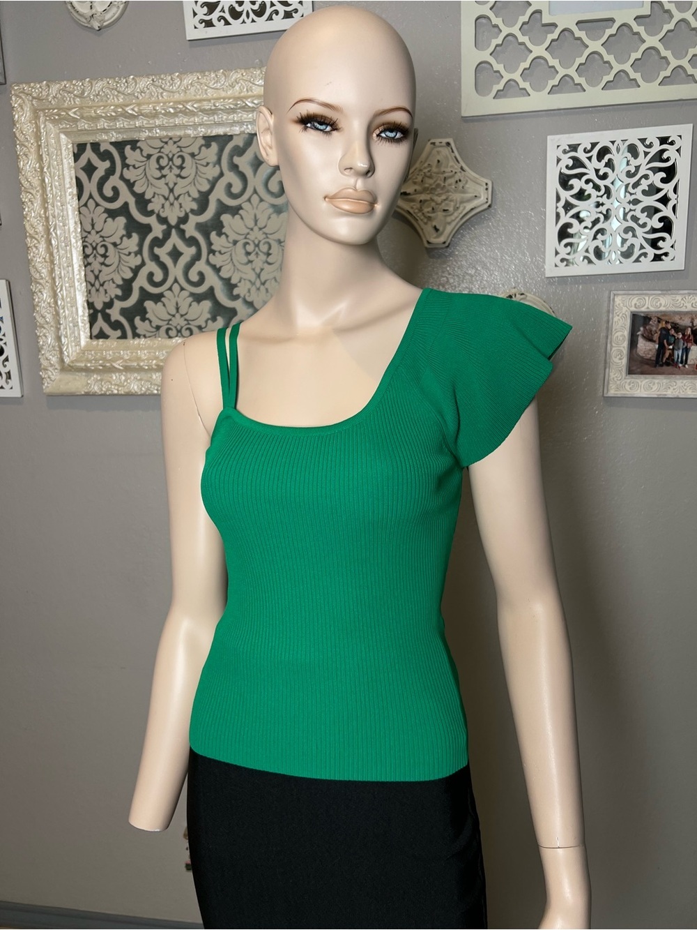 Green One-Shoulder Ruffle Knit Top - Picture 4 of 12